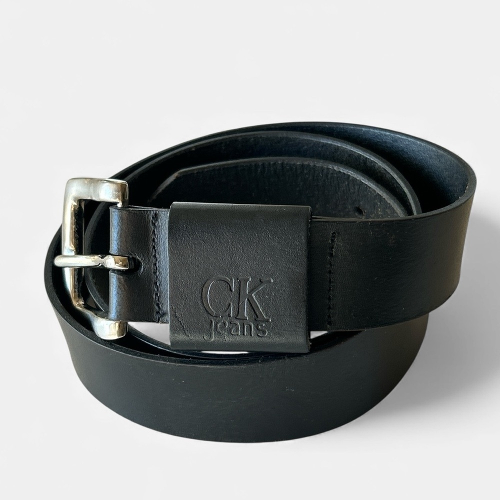 Calvin Klein Jeans Black Leather Belt Silver-Tone Embossed Size XL Gorpcore Goth